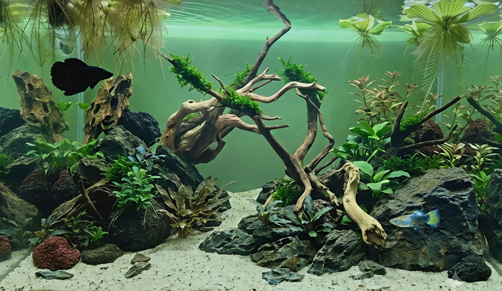 Nature aquarium featuring driftwood, plants and open sand