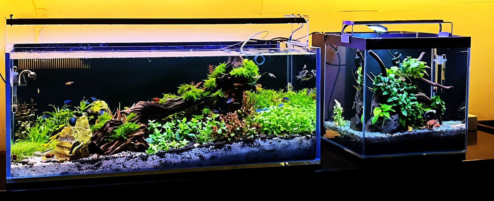 Planted aquariums with a raised central composition